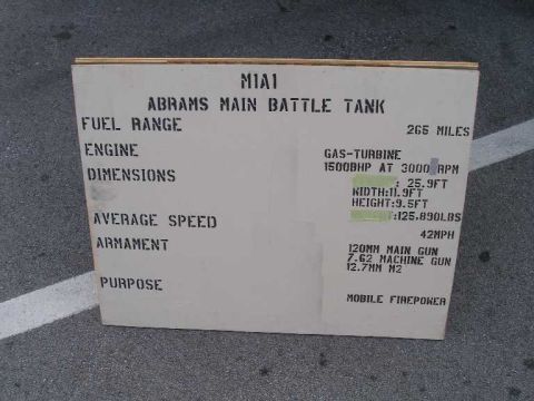 1998 Ford Crown Victoria - Stenciled display placard for the M1A1 Abrams Main Battle Tank propped on asphalt, listing specs including 265-mile fuel range, 1500 bhp ga…