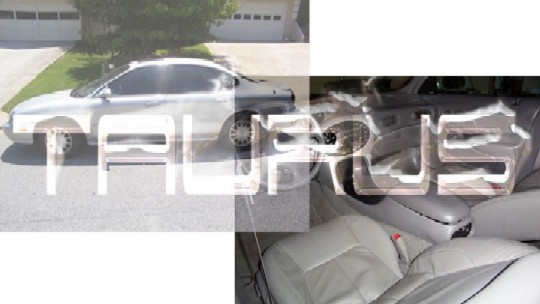 Collage with silver coupe in driveway and tan leather interior under TAURUS text