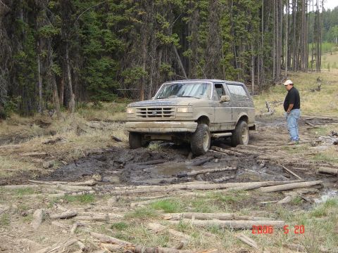 1995 Ford Bronco - Ford Bronco tackles a challenging muddy path in a forest setting.