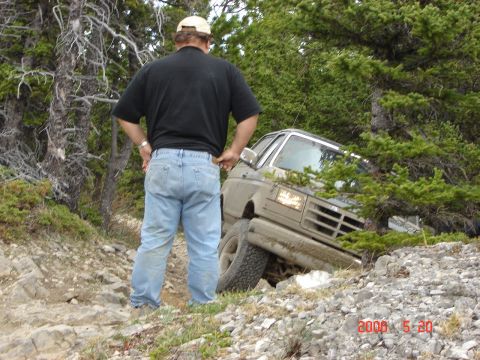 1995 Ford Bronco - A tan 1995 Ford Bronco navigates a challenging rocky and wooded trail.