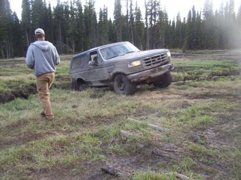 1995 Ford Bronco - A 1995 Ford Bronco appears stuck in a muddy, grassy field surrounded by trees.