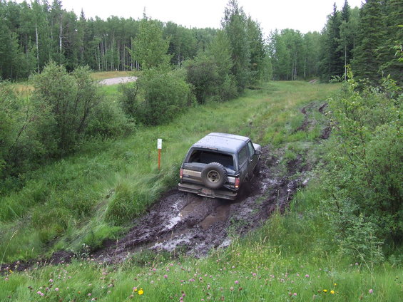 Dark SUV with spare tire on rear stuck in mud on wooded trail