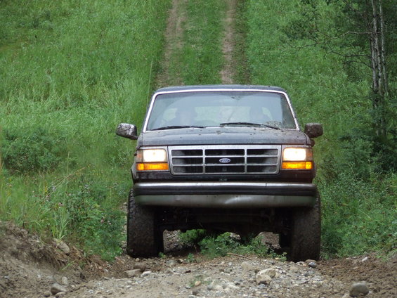 Dark Ford Bronco driving up a dirt road with green grass on either side