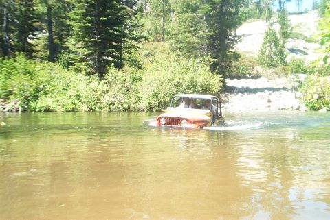 1966 Jeep CJ5 - A Jeep navigates a shallow river on a sunny day, surrounded by lush green foliage.