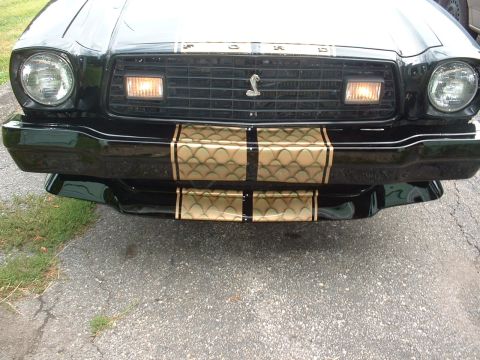 1978 Ford Mustang II - The front of a black 1978 Ford Mustang II features gold stripes on the bumper and hood, with a cobra emblem on the grille.