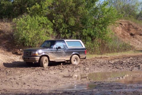 1996 Ford Bronco - A black Ford Bronco navigates a muddy off-road trail with trees and a dirt embankment in the background.