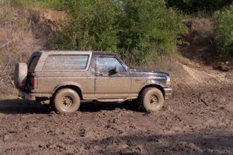 1996 Ford Bronco - A 1996 Ford Bronco is stuck in thick mud, its side profile visible with a spare tire mounted on the back.