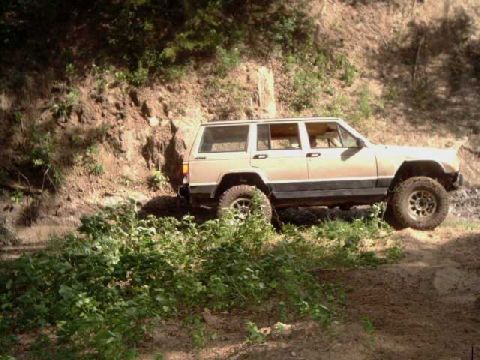 1984 Ford Bronco - A tan SUV navigates a rough, unpaved road surrounded by natural terrain and foliage.