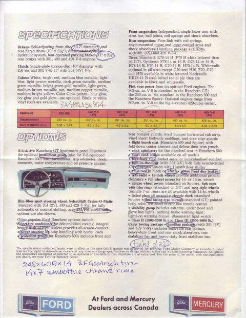 1973 Ford Ranchero - This document details Ford Ranchero specifications and includes handwritten notes on tires and rims.
