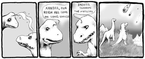 1969 Ford Mustang - Comic strip depicts dinosaurs discussing their reign and the arrival of meteors.