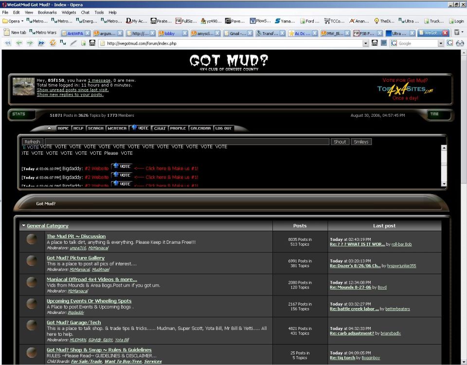 Forum webpage with navigation links and posts, showing 'GOT MUD?' title