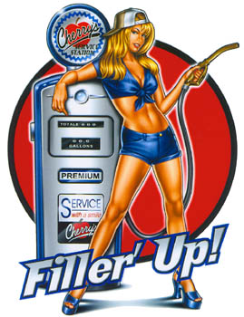 1989 Ford Bronco - Retro pin-up art depicts a woman at a vintage gas pump with the slogan 'Filler Up!'.