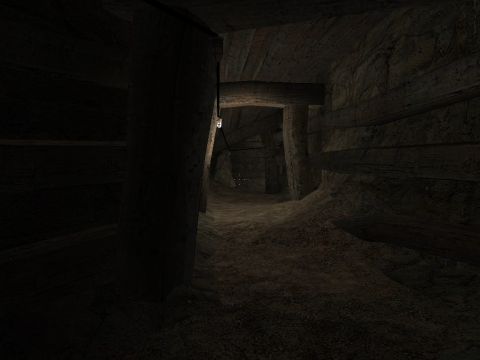 1969 Ford Mustang - Interior view of a dimly lit mine shaft with rough wooden beams and dirt walls.
