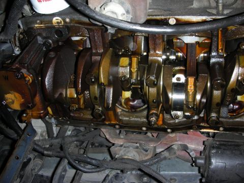 1990 Ford Mustang - Close-up view of the internal engine components, showing the crankshaft and connecting rods covered in oil.