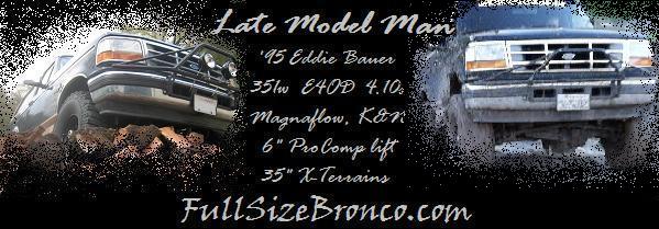 Banner reading Late Model Man and FullSizeBronco.com over two muddy Bronco action photos with spec list