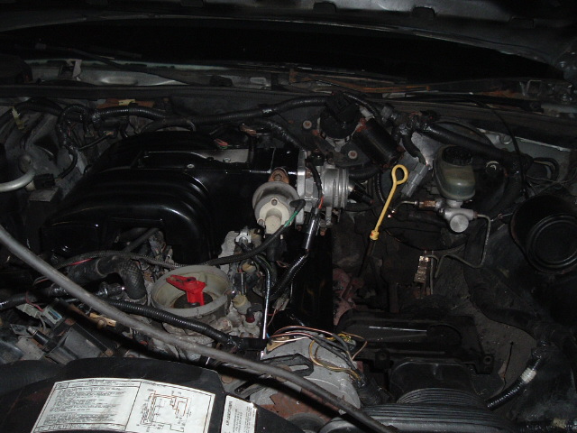 V8 engine bay showing black intake manifold, throttle body, yellow dipstick and master cylinder