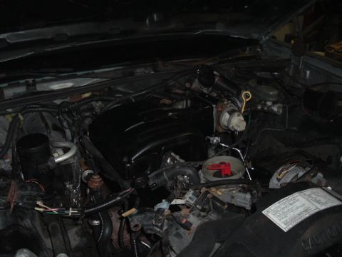 1989 Ford LTD Crown Victoria - Dim under-hood view of a Ford engine bay mid-project, with a black composite intake manifold on the engine and numerous unplugged wiring co…