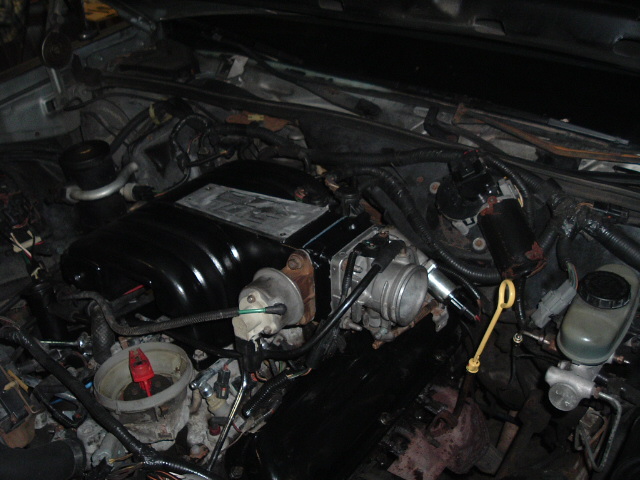 Engine bay showing black intake manifold, throttle body, and master cylinder reservoir.