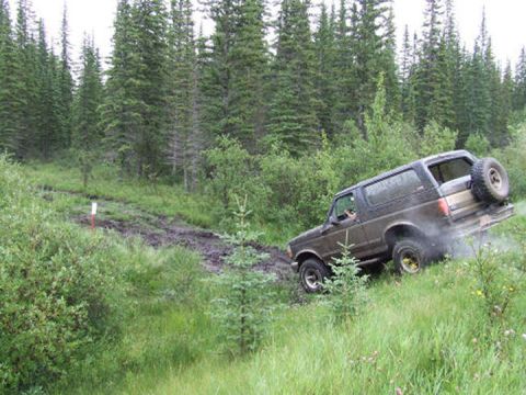 1988 Ford Bronco - A 1987 Ford Bronco navigates a challenging muddy off-road trail through a wooded area.