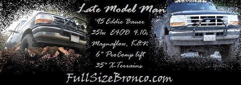Late Model Man banner over two muddy off-road Bronco photos with build spec text, FullSizeBronco.com