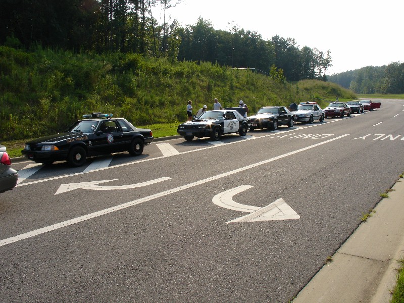 Several police cars lined up on the side of a road, some with lights on