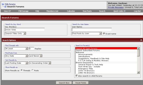 1986 Ford Bronco - A screenshot of a forum's search interface is displayed, with various input fields and options visible.