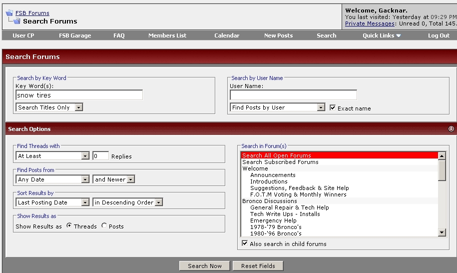 Computer screen showing a forum search page with fields for keywords, user name, and search options