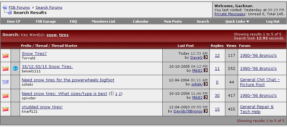 Forum search results for 'snow, tires' showing threads about snow tires and Bronco forums