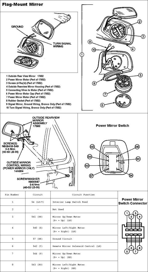 1990 Ford Bronco - Technical diagrams detail the assembly and electrical connections for flag-mount mirrors and their control switch.