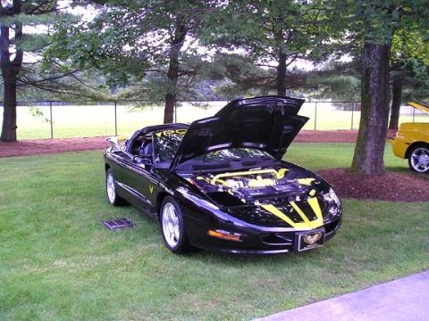 1984 Pontiac Fiero - A black convertible with yellow racing stripes and hood open is parked on grass next to a yellow car.
