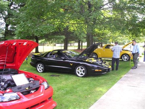 1984 Pontiac Fiero - A black Pontiac Firebird is displayed with its hood open at an outdoor car show.