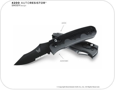 2001 Ford Crown Victoria - Benchmade 4200 Autoresistor folding knife with serrated blade and black handle.