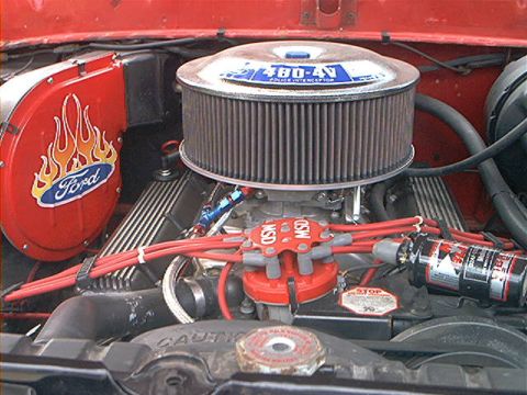 1978 Ford Bronco - Close-up of a Ford engine, an aftermarket air cleaner and performance ignition components.