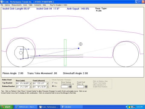1990 Ford Mustang - 4-Link suspension geometry schematic from analysis software showing instant-center length/height, anti-squat percentage, and link bracket h…