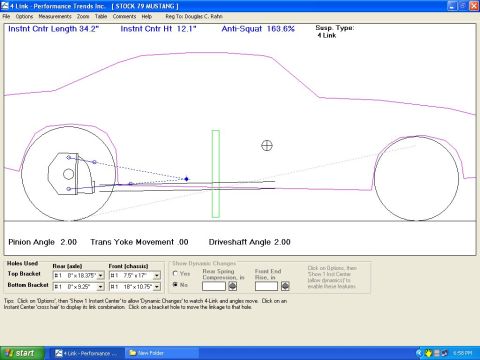 1990 Ford Mustang - 4-Link suspension geometry schematic showing instant-center and anti-squat figures with bracket-hole settings for a Mustang rear suspension.