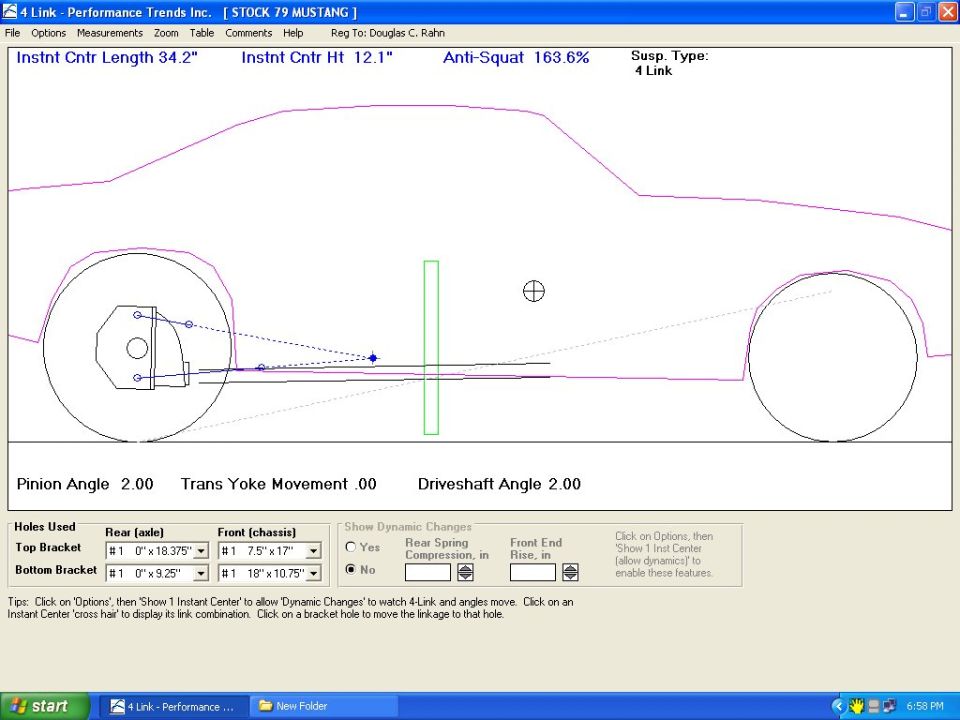 Suspension geometry software diagram of a 79 Mustang 4-link with instant center and anti-squat readout