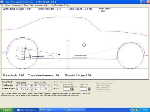 1990 Ford Mustang - 4-Link suspension geometry schematic plotting instant-center location and anti-squat percentage over a Mustang side profile.
