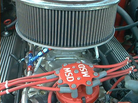 1978 Ford Bronco - Engine bay detail an MSD ignition system and prominent red spark plug wires.