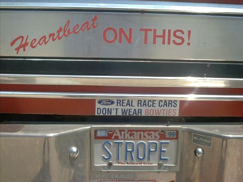 1978 Ford Bronco - Vehicle features 'Heartbeat ON THIS!' and 'REAL RACE CARS DON'T WEAR BOWTIES' bumper stickers, along with an Arkansas license plate.