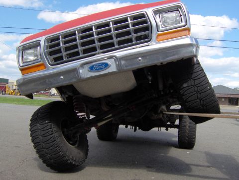 1978 Ford Bronco - Front view of a 1978 Ford Bronco, showing its grille and lifted suspension.