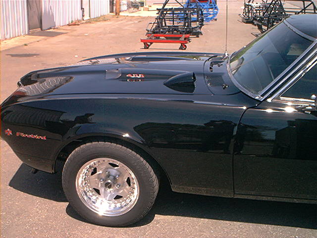 Black muscle car with a hood scoop and chrome wheels. "Firebird" emblem visible on fender
