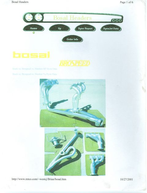 1997 Ford Probe - Scanned printout of a "Bosal Headers" web page dated 10/27/2001, with Bosal and Brospeed logos, navigation buttons for Dyno Report and Dyno…