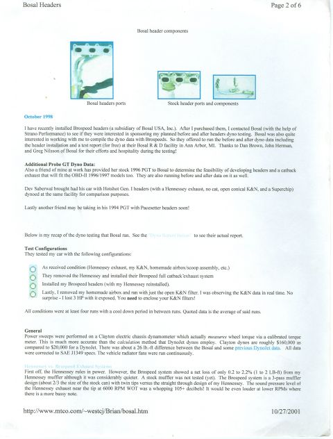 1997 Ford Probe - Web-article page (Bosal Headers, p.2 of 6) on Brospeed header dyno testing for a Ford Probe GT, with photos of Bosal header components vs s…