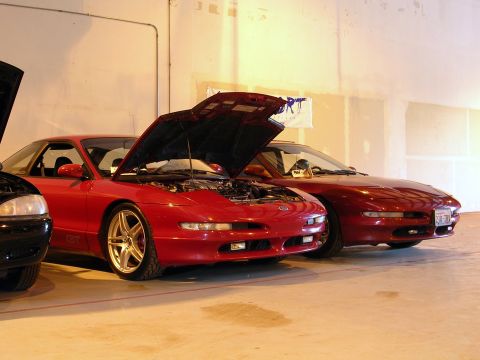 1996 Ford Probe - Two red Ford Probes are parked with their hoods open, showing their engines.