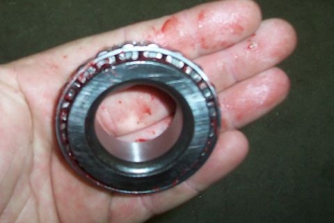 1994 Ford F-150 - A close-up shows a wheel bearing covered in red grease, held in a person's hand.