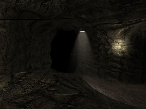 1969 Ford Mustang - A light shines into the darkness of a cave, revealing rocky walls and a path leading deeper in.