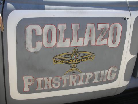 1998 Ford Crown Victoria - car door panel hand-lettered 'COLLAZO PINSTRIPING' in gray and red with a stylized sombrero logo between the words.