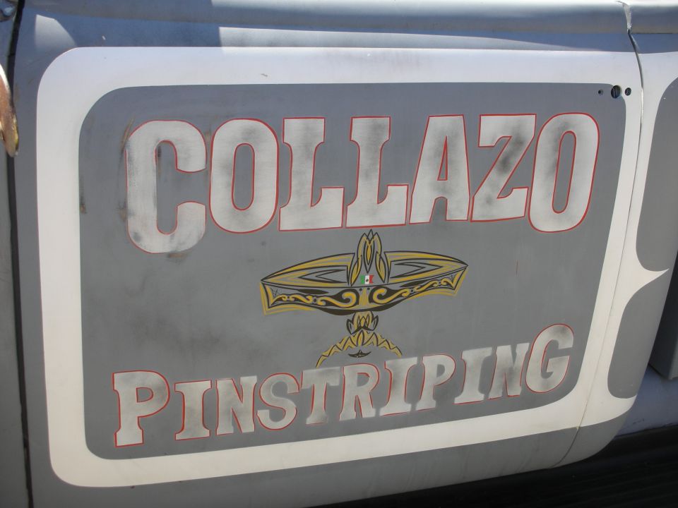 Painted door sign reading COLLAZO PINSTRIPING with sombrero logo