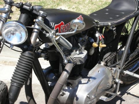1998 Ford Crown Victoria - Close-up of a Triumph motorcycle's vertical-twin engine and black fuel tank bearing red 'Triumph' script, headlight at left.