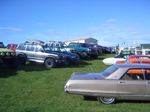 1996 Ford Bronco - A tan sedan is parked on a grassy field alongside various trucks and SUVs under a clear blue sky.